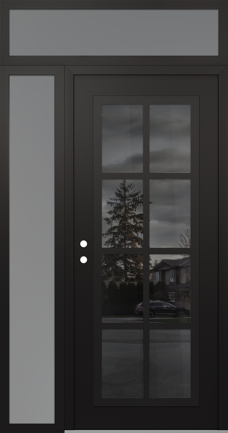 Modern Steel Front Door Diamond C16 48" x 96" black/black mirrored Glass Panel black RHI with Sidelite and Transom frosted Glass