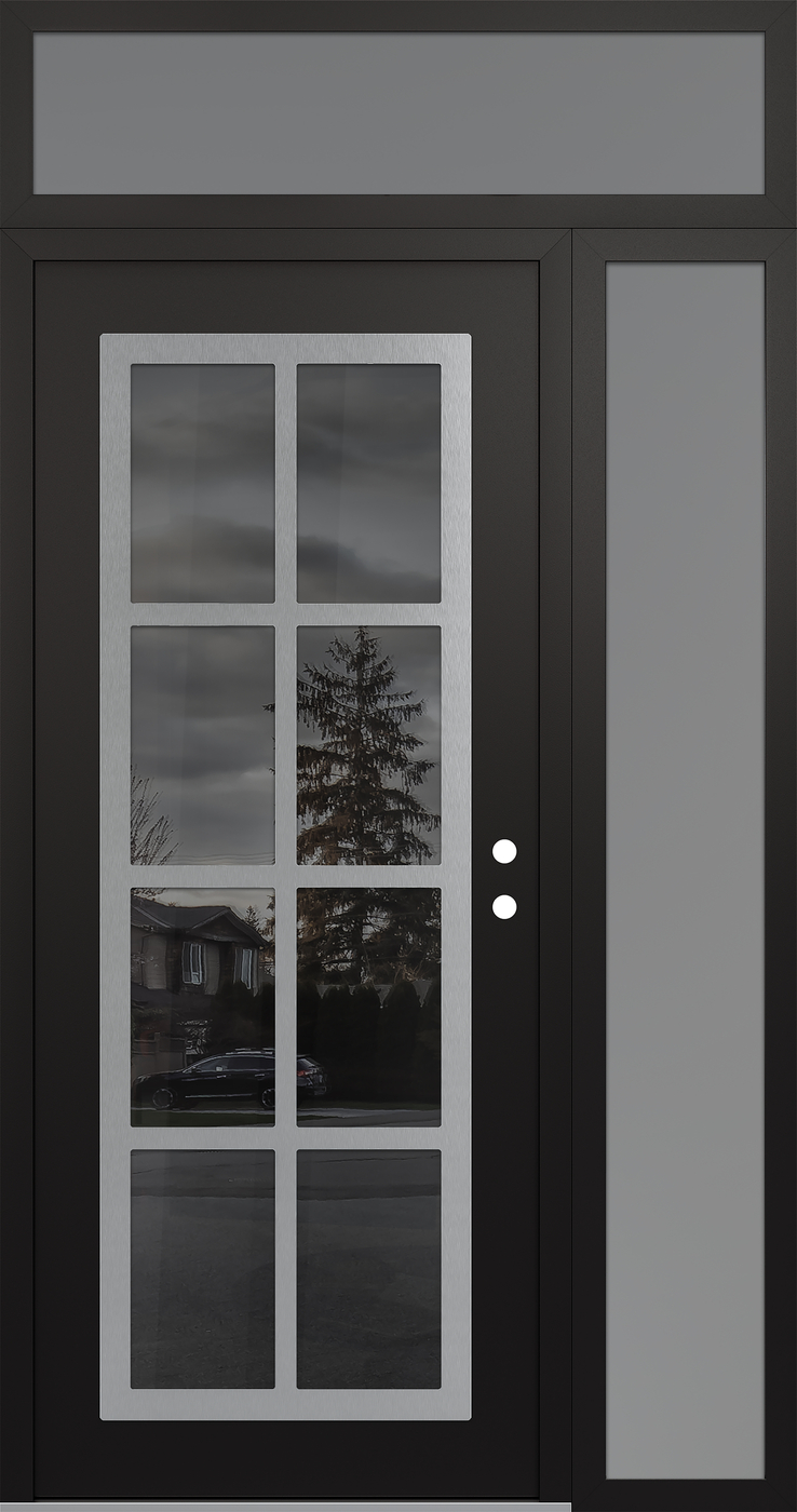 Modern Steel Front Door Diamond C16 48" x 96" black/black mirrored Glass Panel stainless steel LHI with Sidelite and Transom frosted Glass