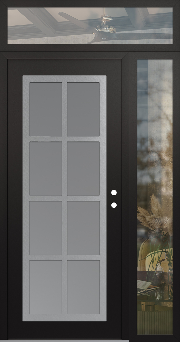 Modern Steel Front Door Diamond C16 48" x 96" black/white frosted Glass Panel stainless steel LHI with Sidelite and Transom clear Glass