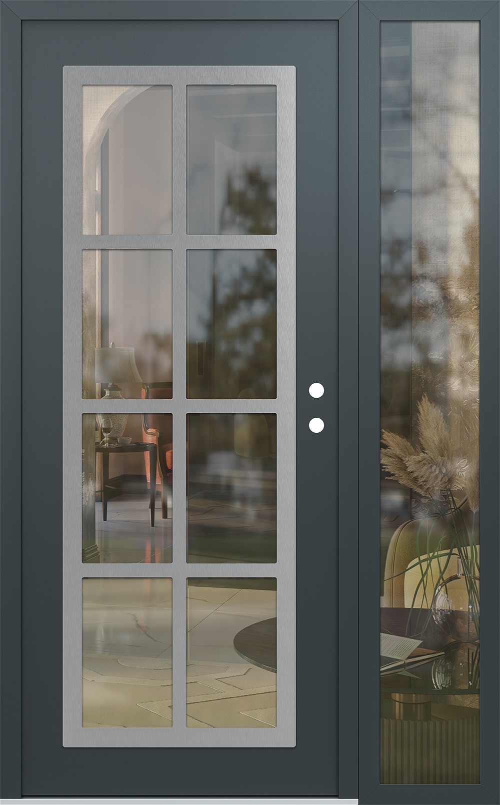 Modern Steel Front Door Diamond C16 50" x 80" anthracite/anthracite clear Glass Panel stainless steel LHI with Sidelite clear Glass