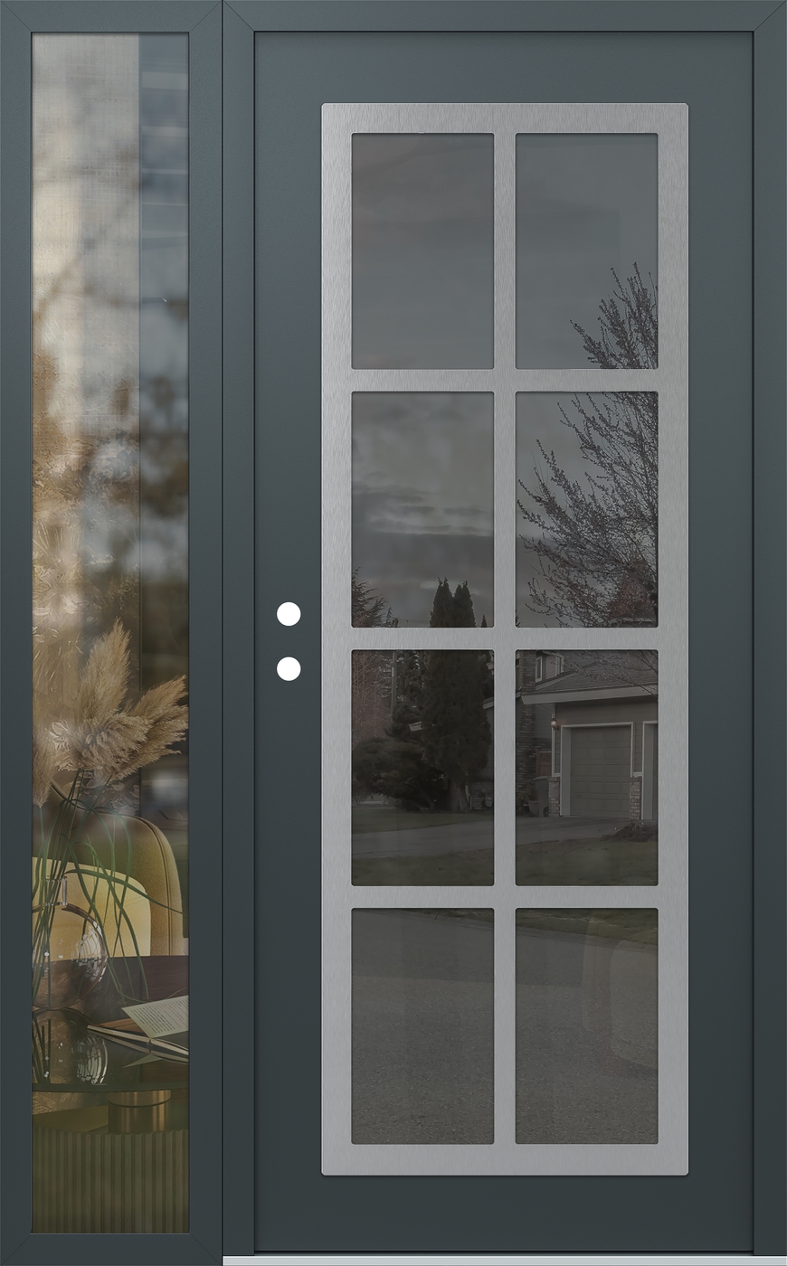 Modern Steel Front Door Diamond C16 50" x 80" anthracite/anthracite mirrored Glass Panel stainless steel RHI with Sidelite clear Glass
