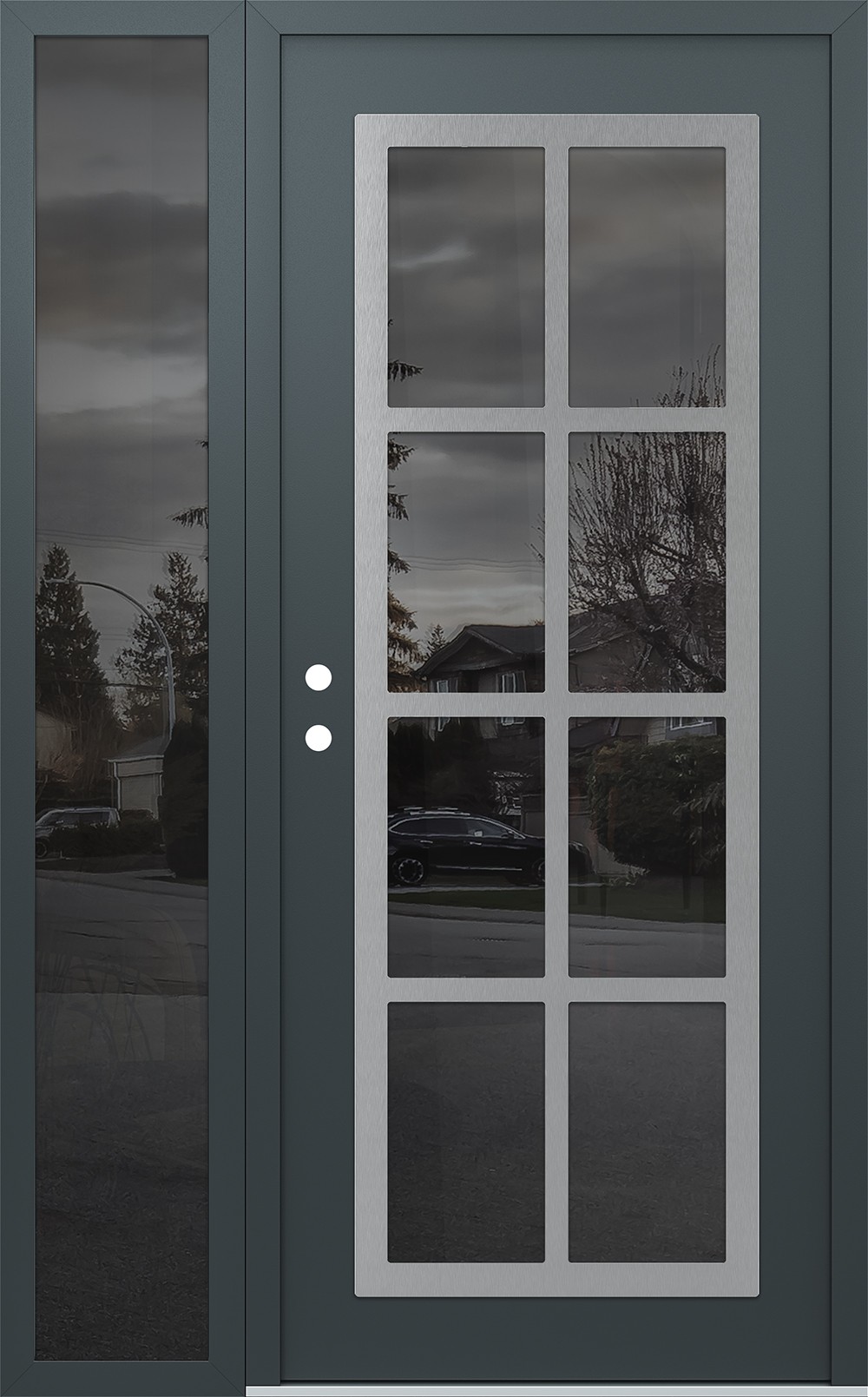 Modern Steel Front Door Diamond C16 50" x 80" anthracite/anthracite mirrored Glass Panel stainless steel RHI with Sidelite mirrored Glass