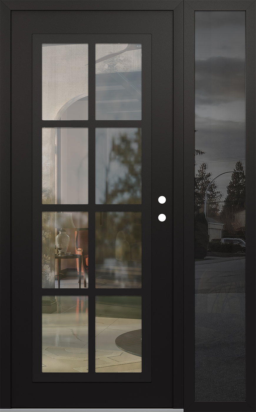 Modern Steel Front Door Diamond C16 50" x 80" black/black clear Glass Panel black LHI with Sidelite mirrored Glass
