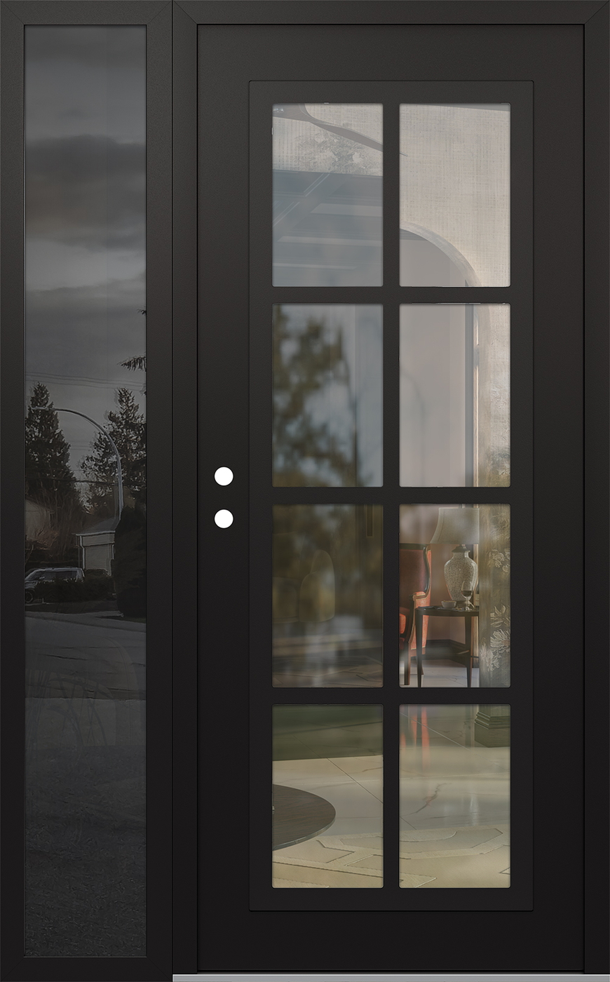 Modern Steel Front Door Diamond C16 50" x 80" black/black clear Glass Panel black RHI with Sidelite mirrored Glass