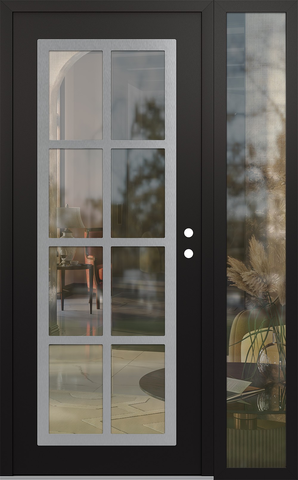 Modern Steel Front Door Diamond C16 50" x 80" black/black clear Glass Panel stainless steel LHI with Sidelite clear Glass