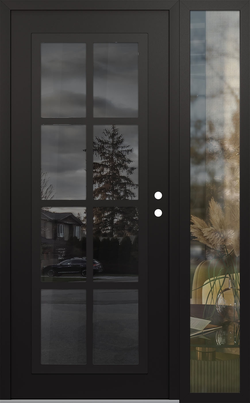 Modern Steel Front Door Diamond C16 50" x 80" black/black mirrored Glass Panel black LHI with Sidelite clear Glass