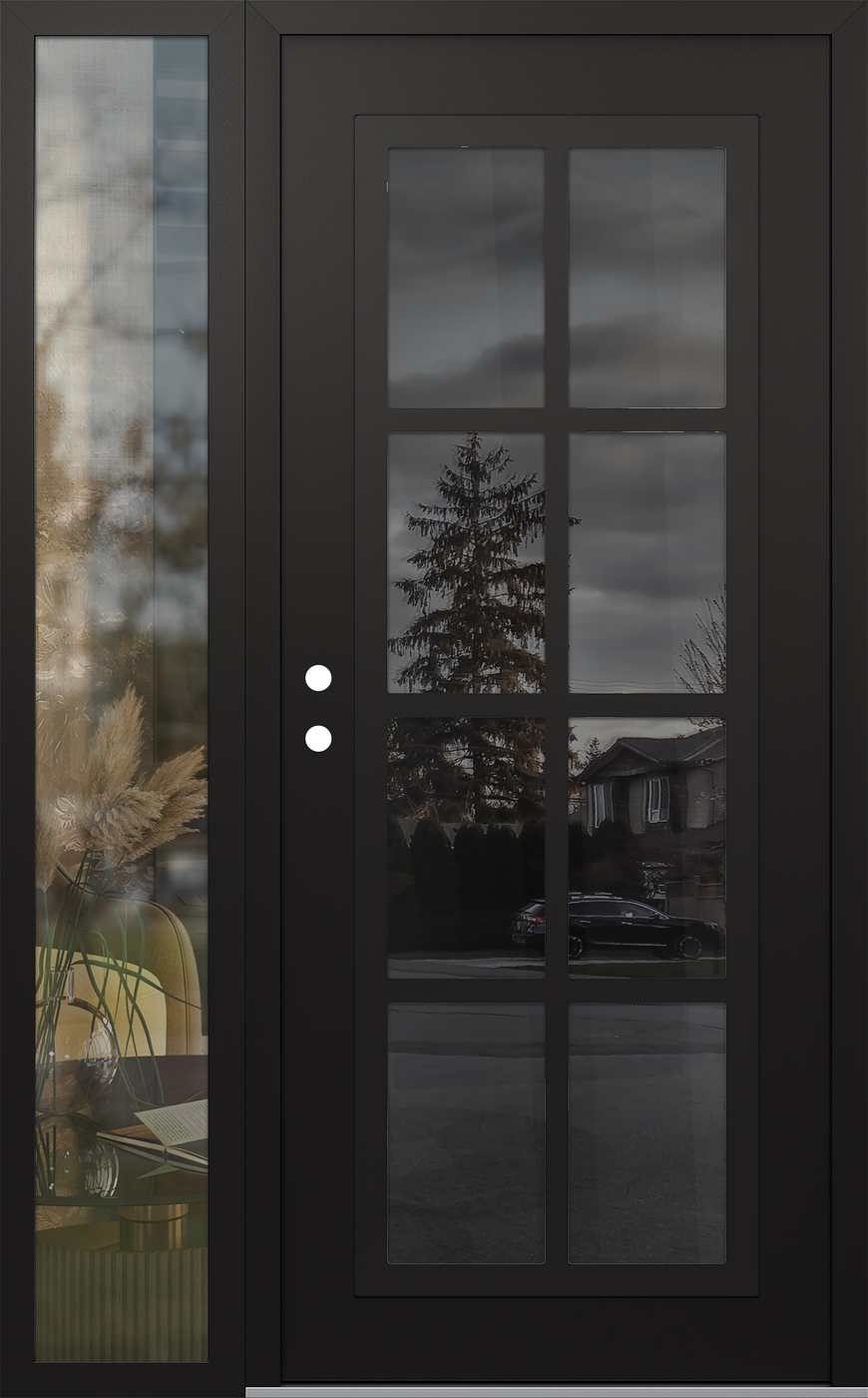 Modern Steel Front Door Diamond C16 50" x 80" black/black mirrored Glass Panel black RHI with Sidelite clear Glass