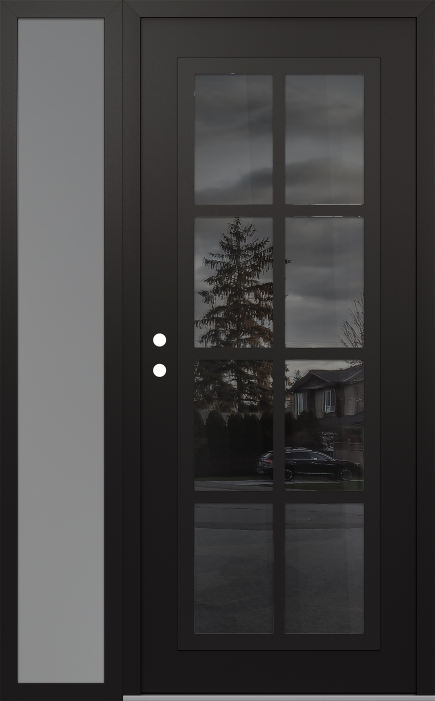Modern Steel Front Door Diamond C16 50" x 80" black/black mirrored Glass Panel black RHI with Sidelite frosted Glass