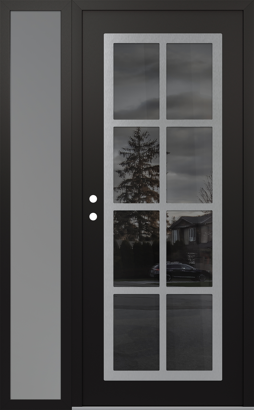 Modern Steel Front Door Diamond C16 50" x 80" black/black mirrored Glass Panel stainless steel RHI with Sidelite frosted Glass