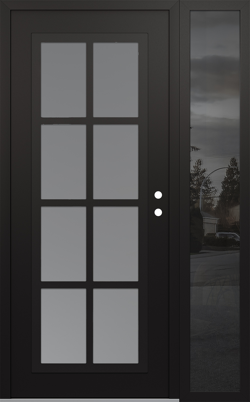 Modern Steel Front Door Diamond C16 50" x 80" black/white frosted Glass Panel black LHI with Sidelite mirrored Glass