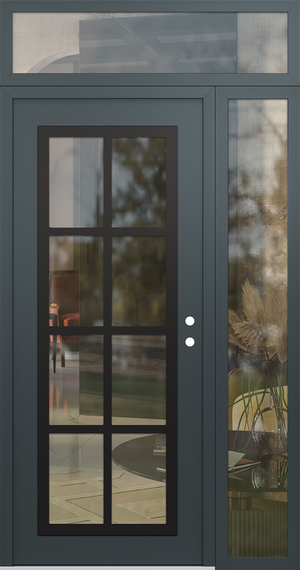 Modern Steel Front Door Diamond C16 50" x 96" anthracite/anthracite clear Glass Panel black LHI with Sidelite and Transom clear Glass