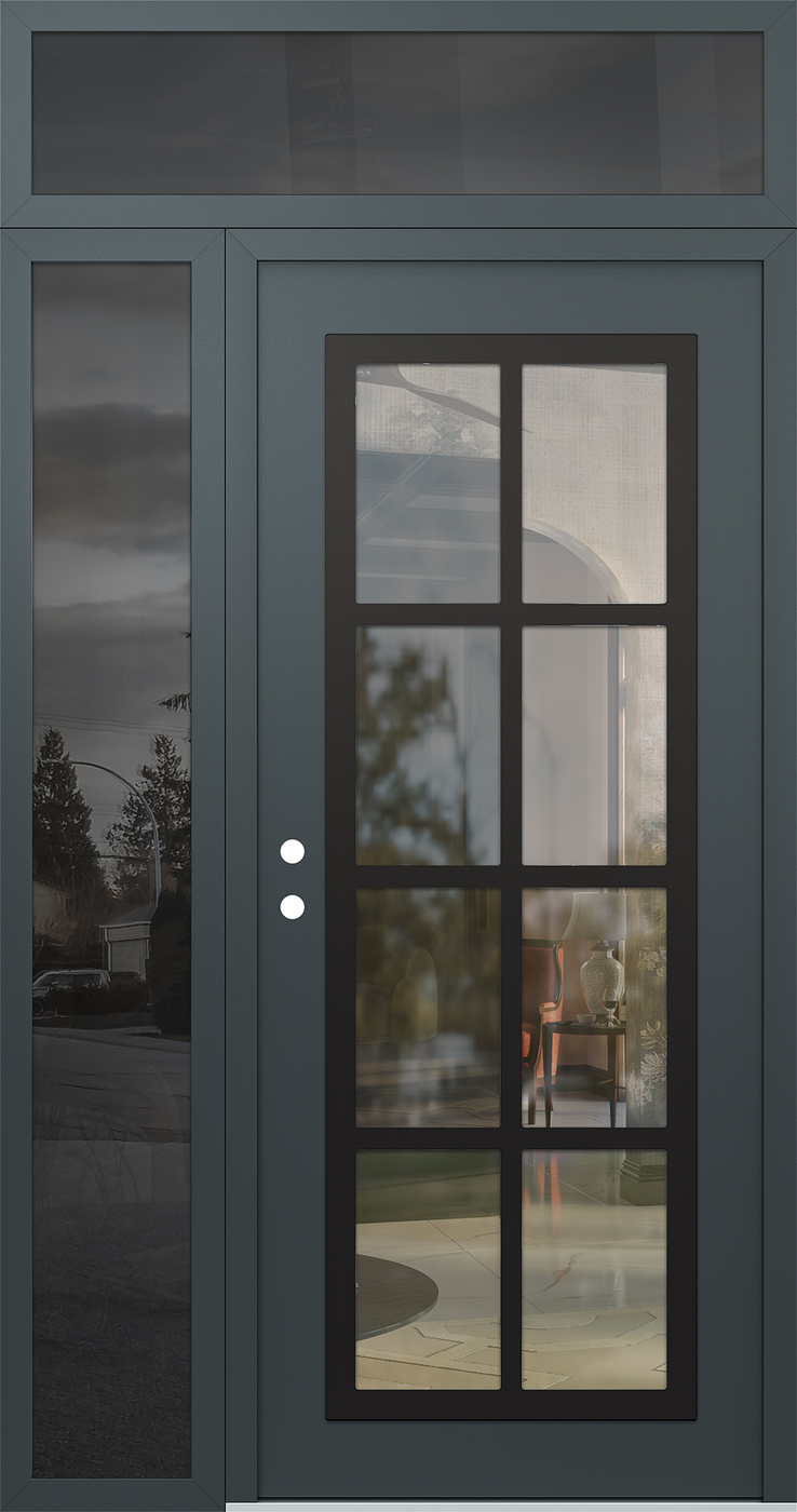 Modern Steel Front Door Diamond C16 50" x 96" anthracite/anthracite clear Glass Panel black RHI with Sidelite and Transom mirrored Glass