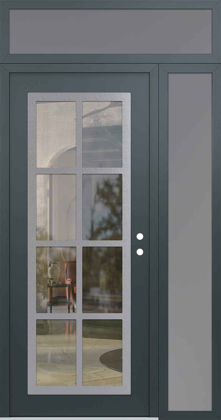 Modern Steel Front Door Diamond C16 50" x 96" anthracite/anthracite clear Glass Panel stainless steel LHI with Sidelite and Transom frosted Glass