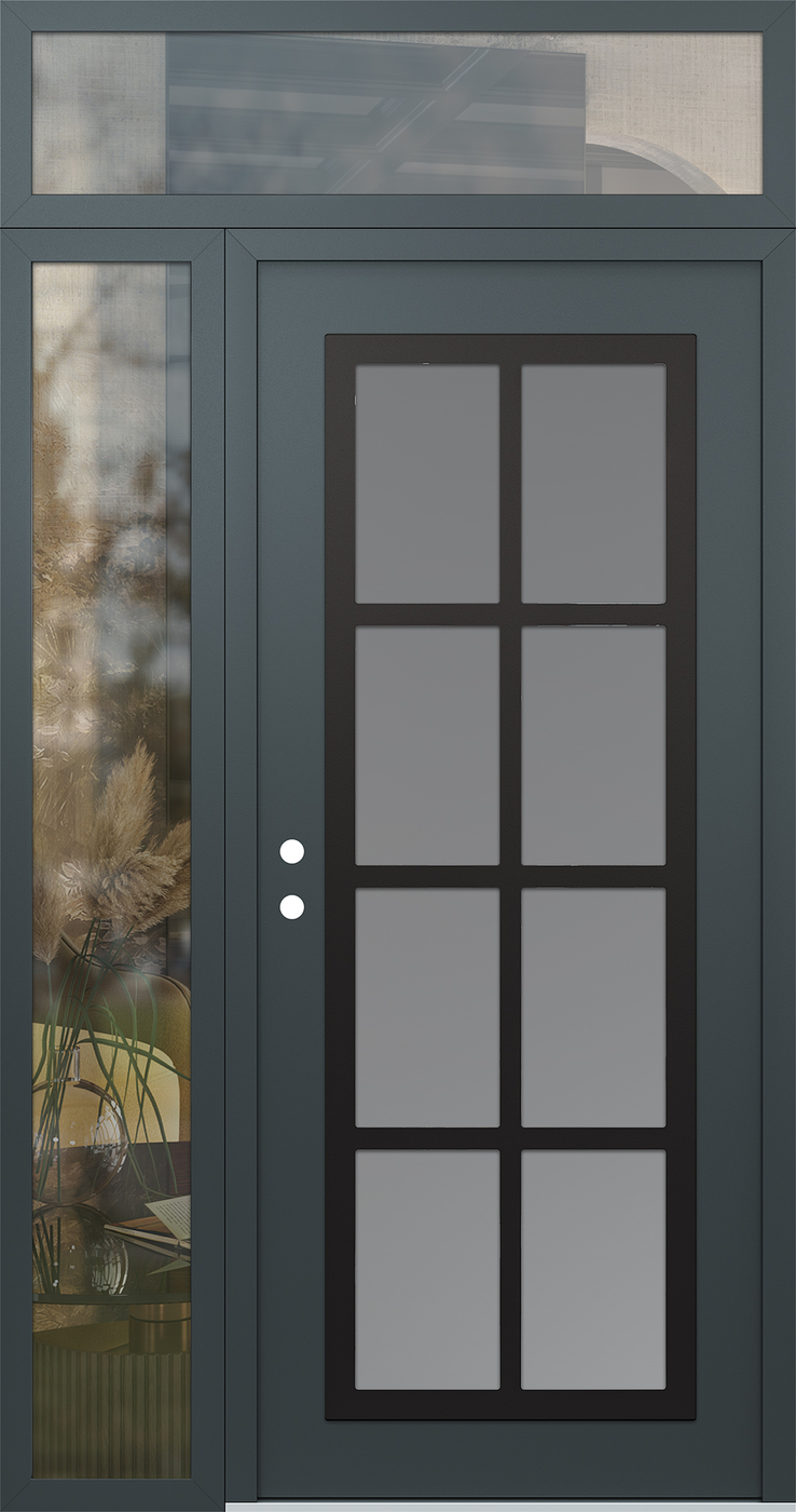Modern Steel Front Door Diamond C16 50" x 96" anthracite/anthracite frosted Glass Panel black RHI with Sidelite and Transom clear Glass