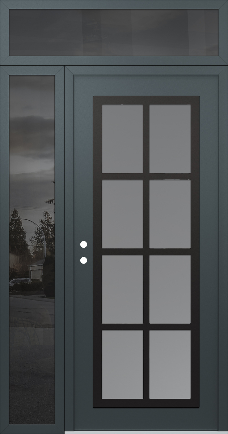Modern Steel Front Door Diamond C16 50" x 96" anthracite/anthracite frosted Glass Panel black RHI with Sidelite and Transom mirrored Glass