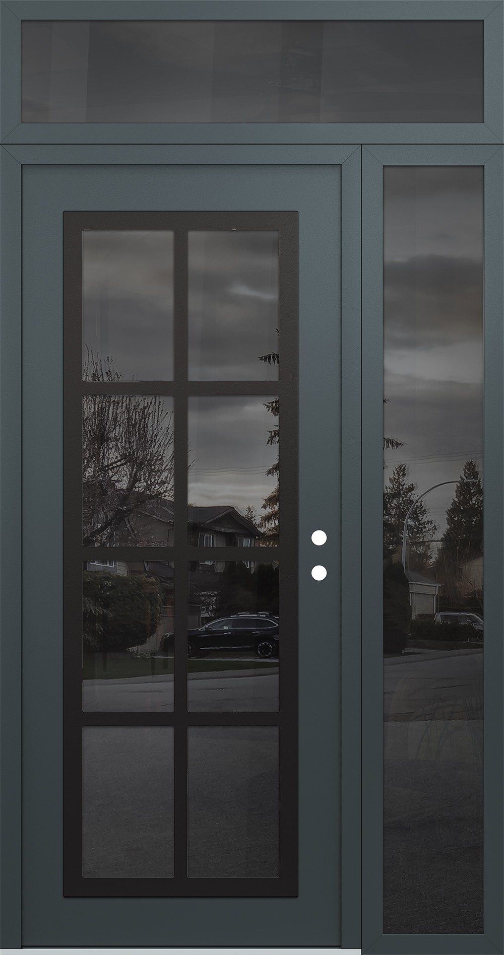 Modern Steel Front Door Diamond C16 50" x 96" anthracite/anthracite mirrored Glass Panel black LHI with Sidelite and Transom mirrored Glass