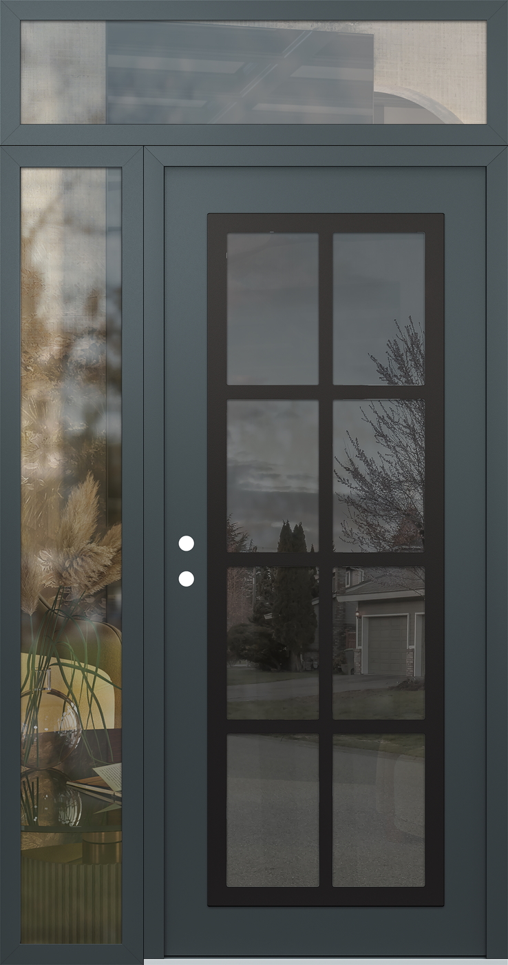 Modern Steel Front Door Diamond C16 50" x 96" anthracite/anthracite mirrored Glass Panel black RHI with Sidelite and Transom clear Glass