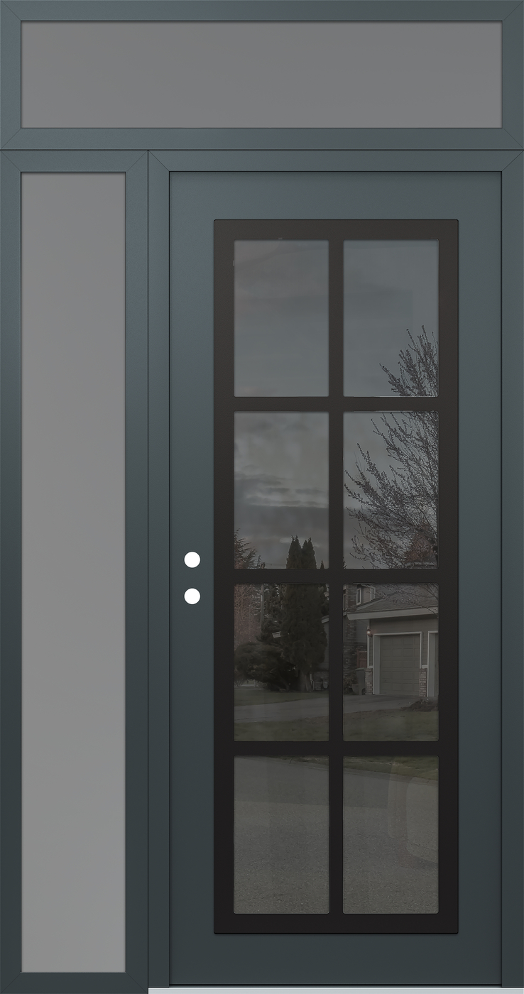 Modern Steel Front Door Diamond C16 50" x 96" anthracite/anthracite mirrored Glass Panel black RHI with Sidelite and Transom frosted Glass