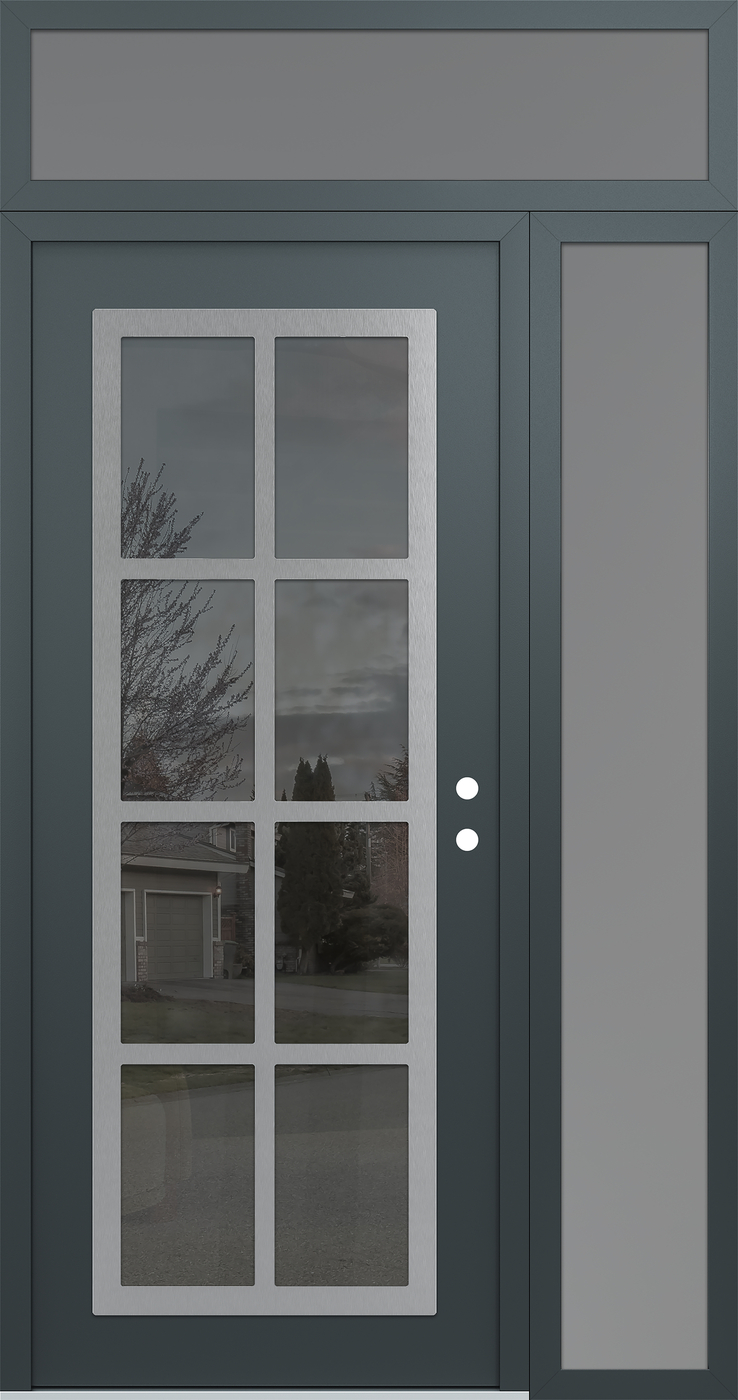 Modern Steel Front Door Diamond C16 50" x 96" anthracite/anthracite mirrored Glass Panel stainless steel LHI with Sidelite and Transom frosted Glass