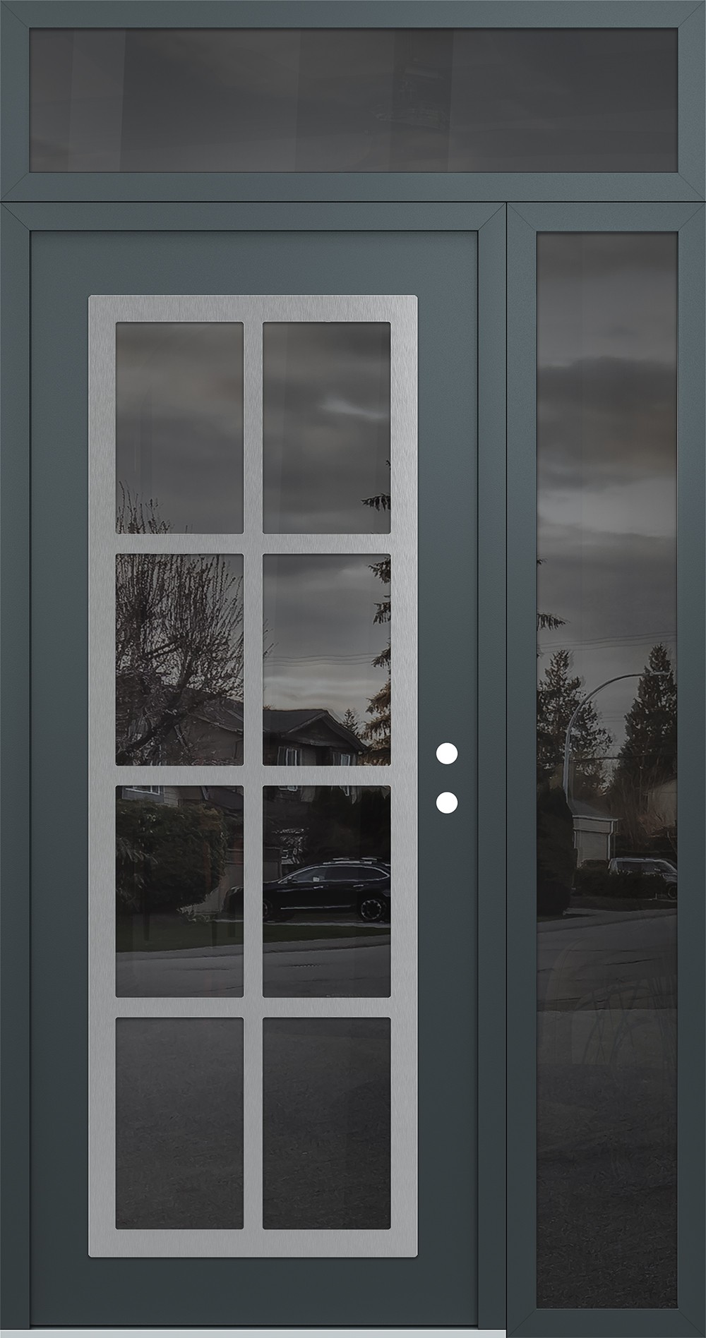 Modern Steel Front Door Diamond C16 50" x 96" anthracite/anthracite mirrored Glass Panel stainless steel LHI with Sidelite and Transom mirrored Glass