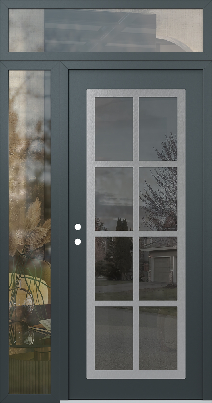Modern Steel Front Door Diamond C16 50" x 96" anthracite/anthracite mirrored Glass Panel stainless steel RHI with Sidelite and Transom clear Glass