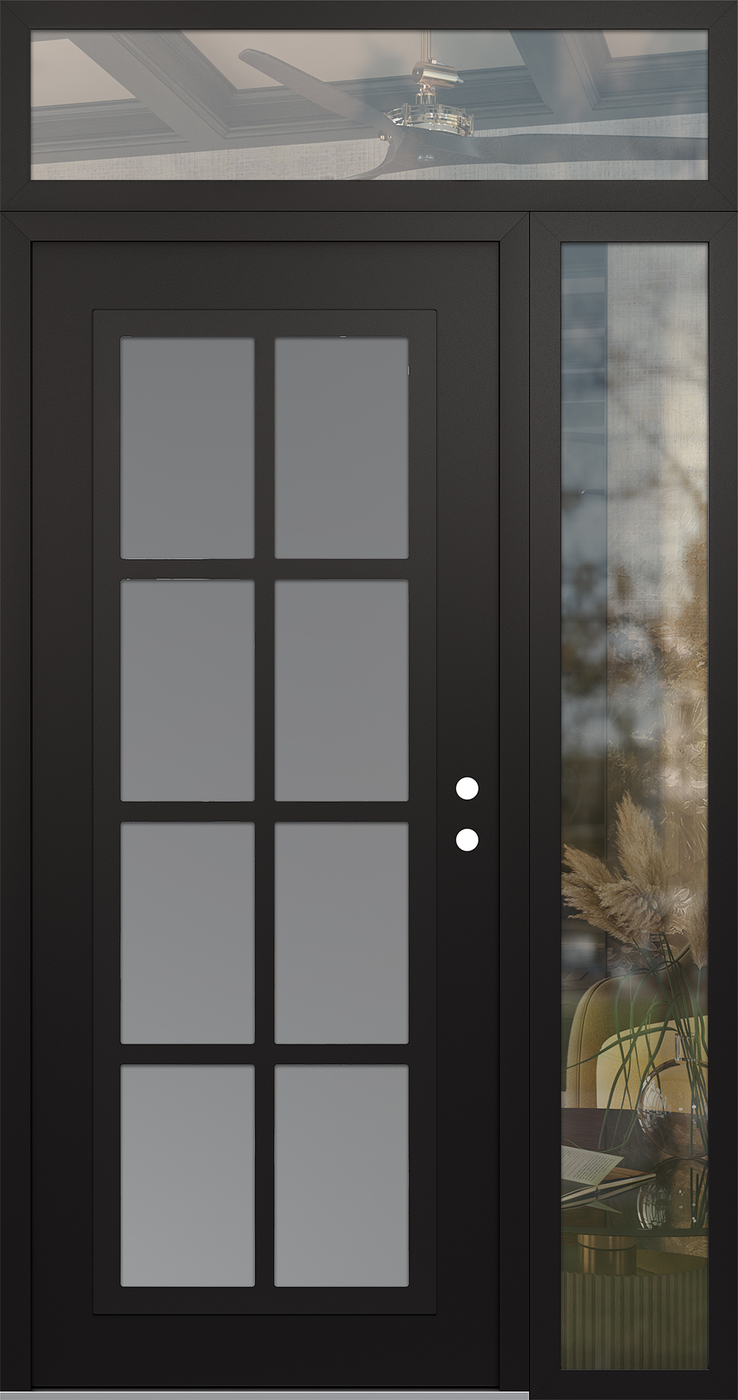 Modern Steel Front Door Diamond C16 50" x 96" black/white frosted Glass Panel black LHI with Sidelite and Transom clear Glass