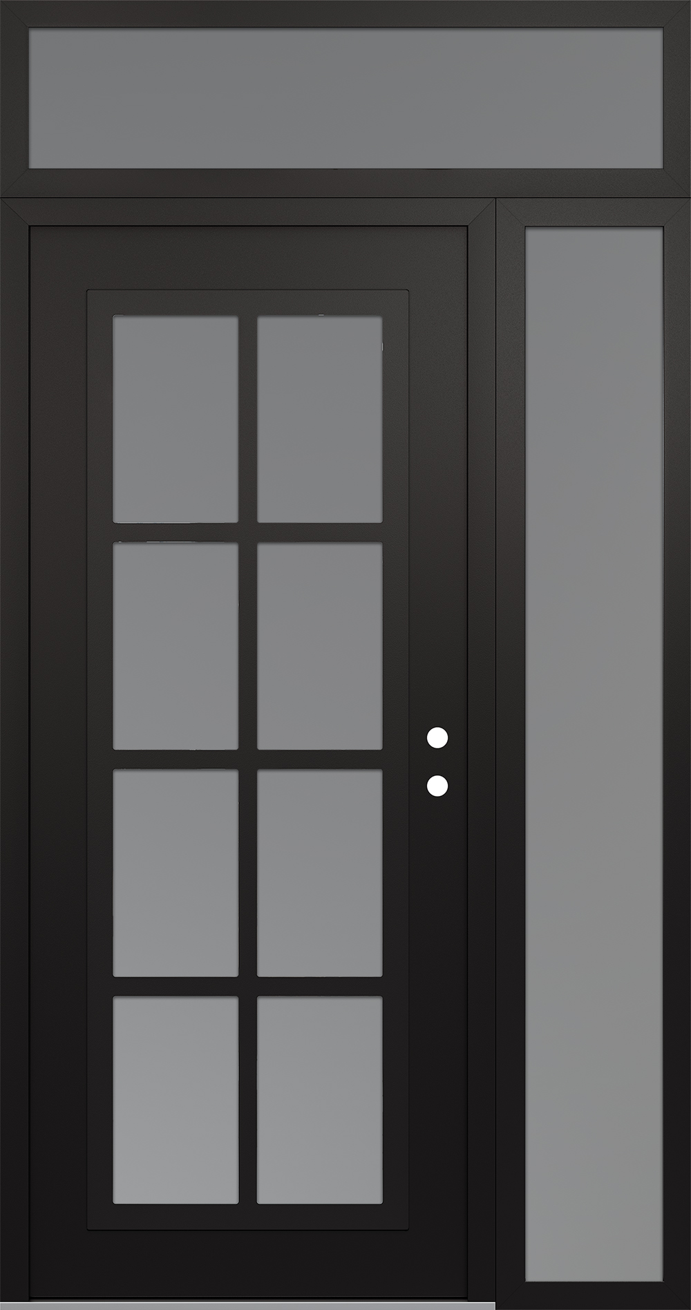 Modern Steel Front Door Diamond C16 50" x 96" black/white frosted Glass Panel black LHI with Sidelite and Transom frosted Glass