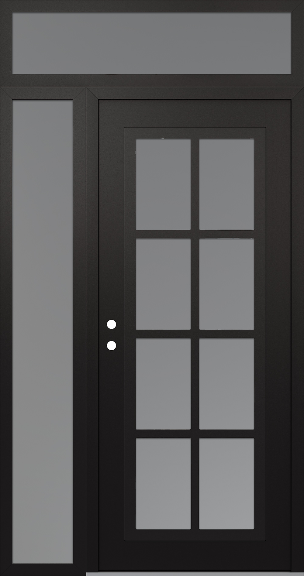 Modern Steel Front Door Diamond C16 50" x 96" black/white frosted Glass Panel black RHI with Sidelite and Transom frosted Glass