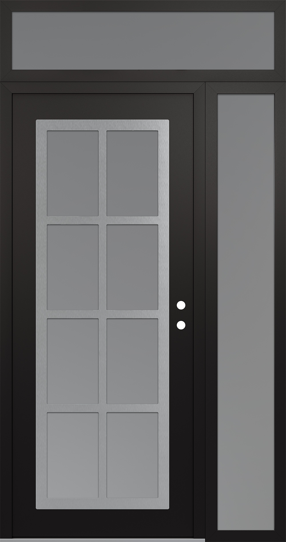 Modern Steel Front Door Diamond C16 50" x 96" black/white frosted Glass Panel stainless steel LHI with Sidelite and Transom frosted Glass