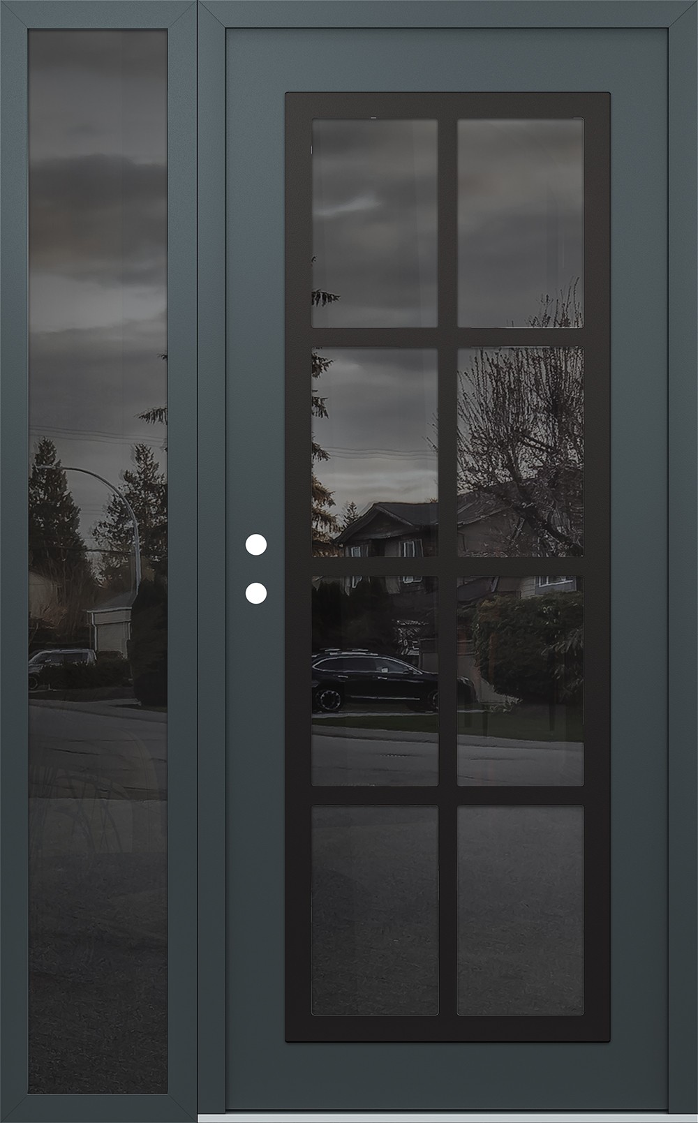 Modern Steel Front Door Diamond C16 52" x 80" anthracite/anthracite mirrored Glass Panel black RHI with Sidelite mirrored Glass