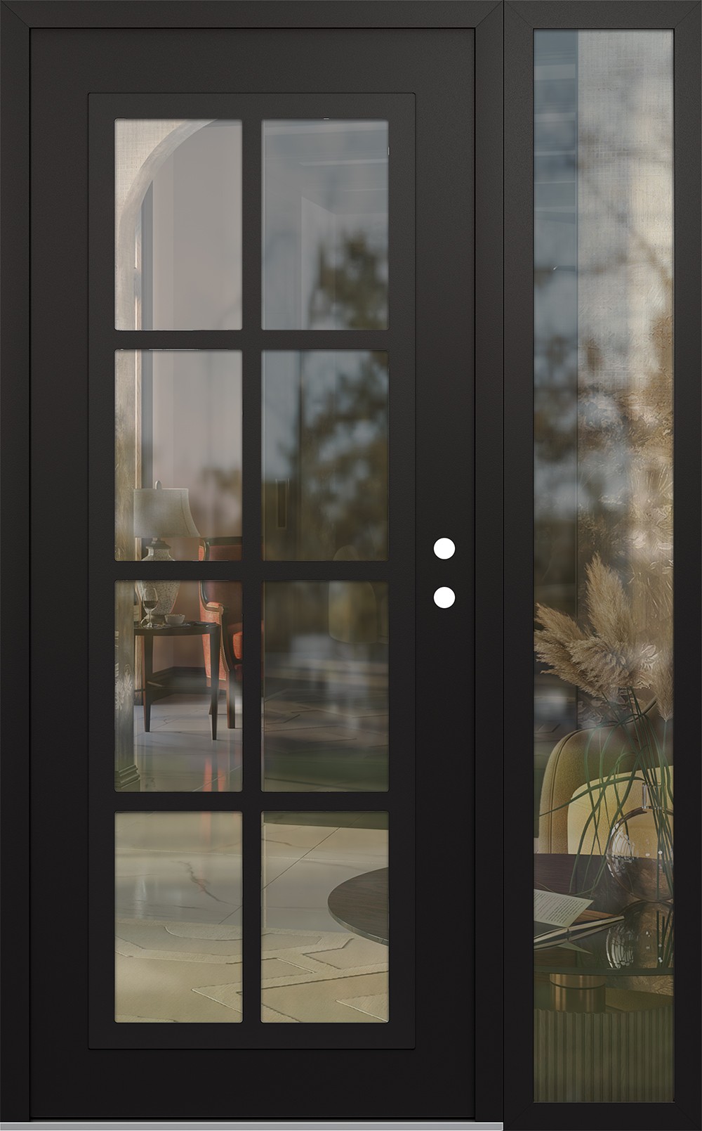 Modern Steel Front Door Diamond C16 52" x 80" black/black clear Glass Panel black LHI with Sidelite clear Glass