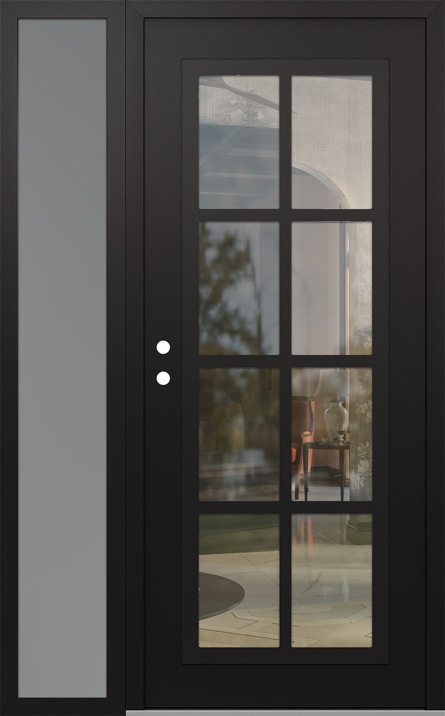Modern Steel Front Door Diamond C16 52" x 80" black/black clear Glass Panel black RHI with Sidelite frosted Glass