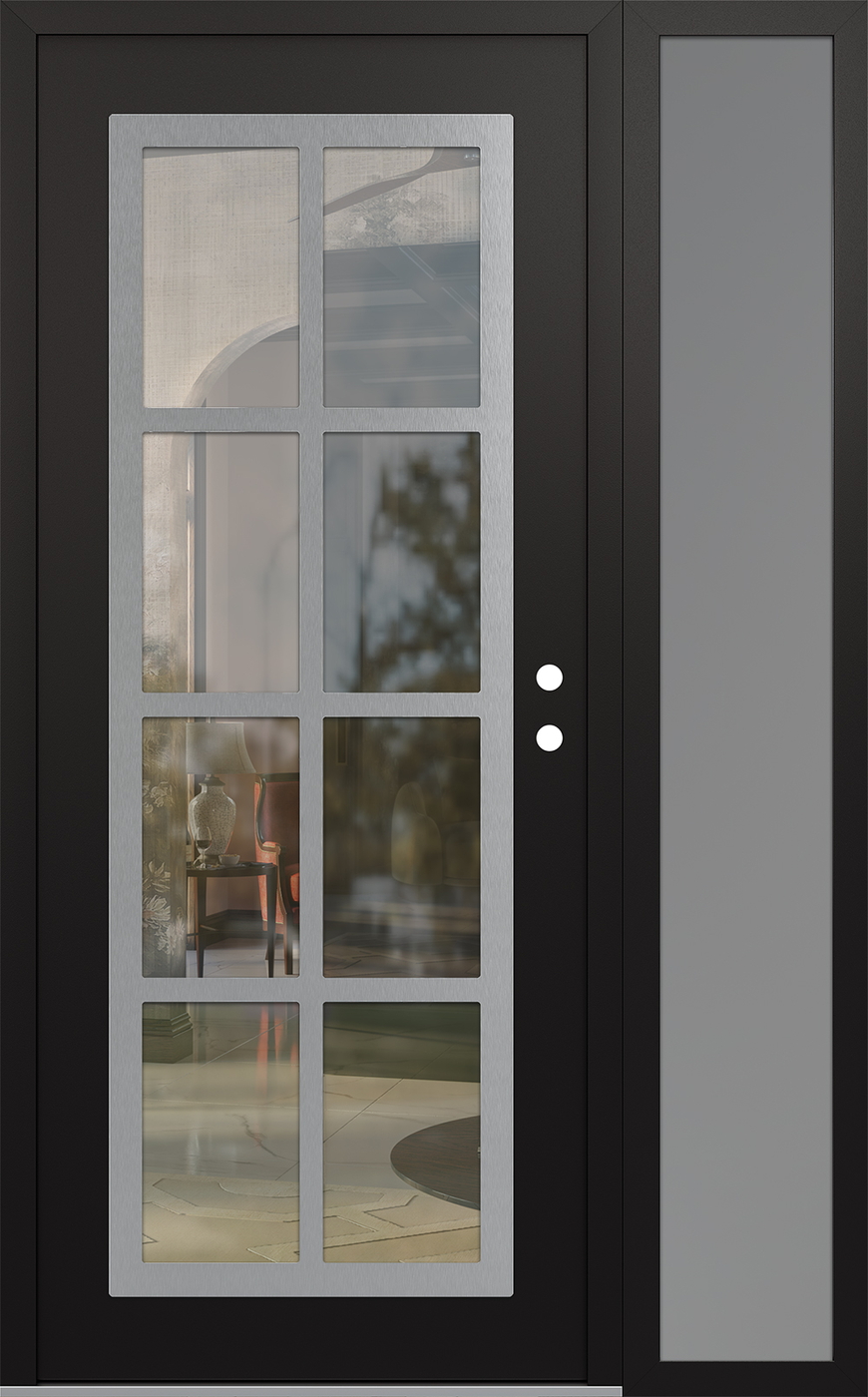 Modern Steel Front Door Diamond C16 52" x 80" black/black clear Glass Panel stainless steel LHI with Sidelite frosted Glass
