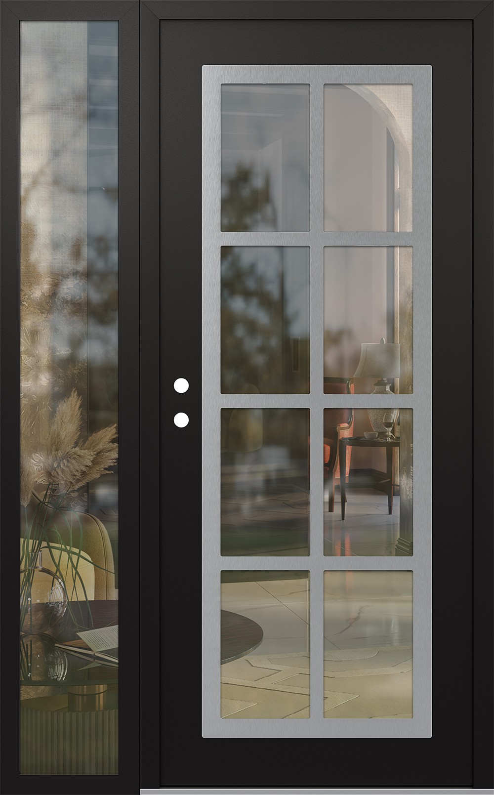 Modern Steel Front Door Diamond C16 52" x 80" black/black clear Glass Panel stainless steel RHI with Sidelite clear Glass