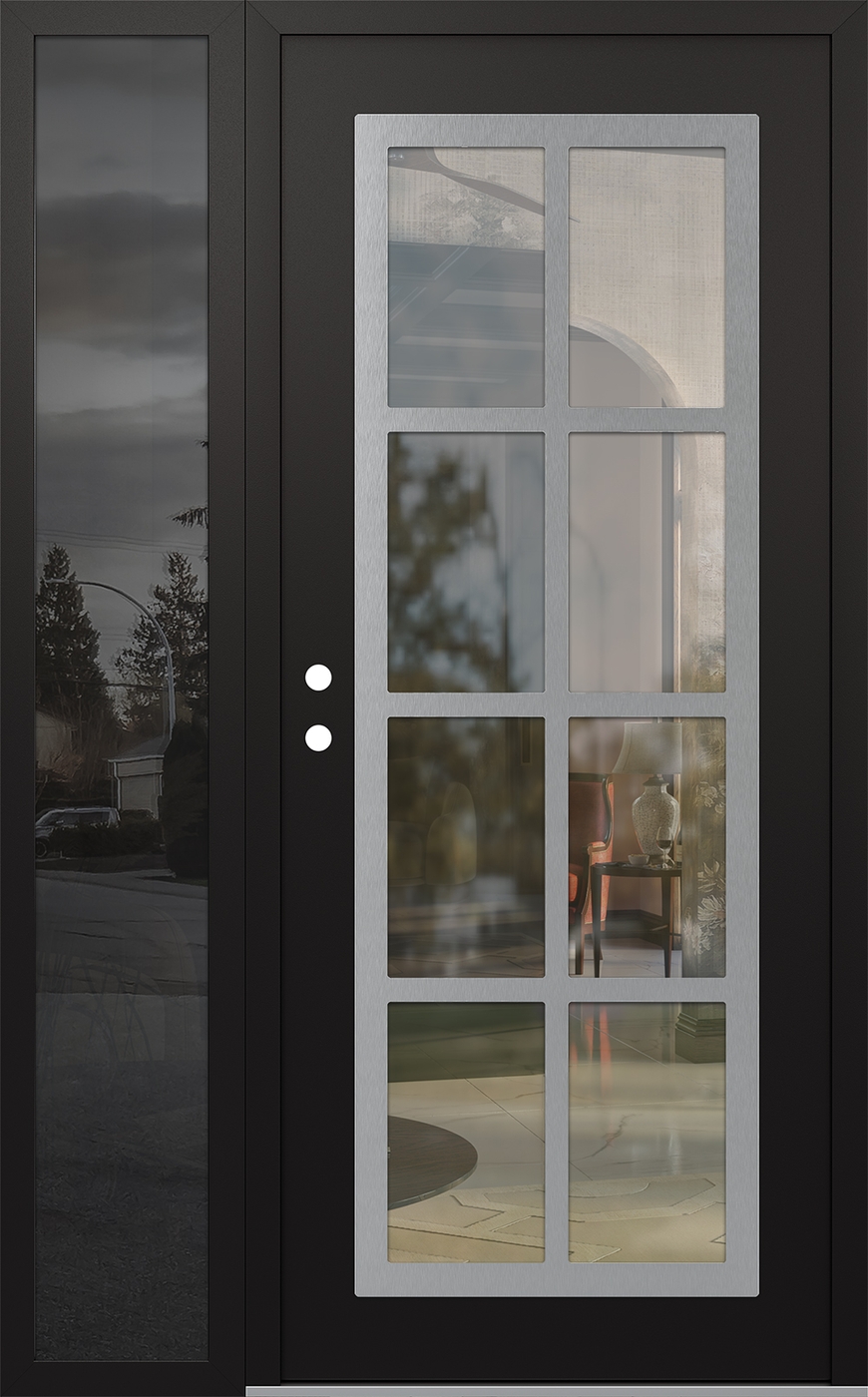 Modern Steel Front Door Diamond C16 52" x 80" black/black clear Glass Panel stainless steel RHI with Sidelite mirrored Glass