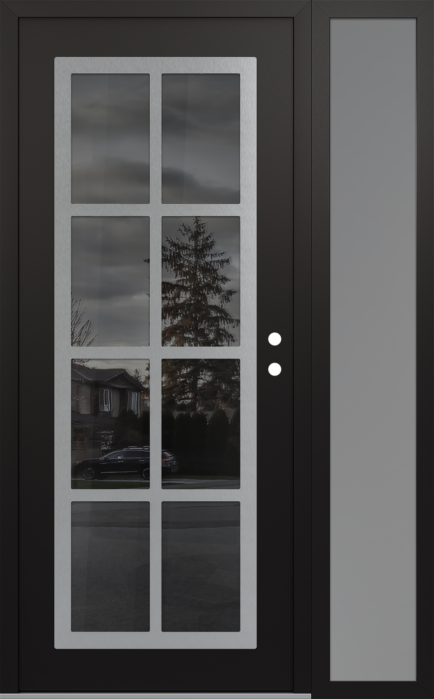 Modern Steel Front Door Diamond C16 52" x 80" black/black mirrored Glass Panel stainless steel LHI with Sidelite frosted Glass