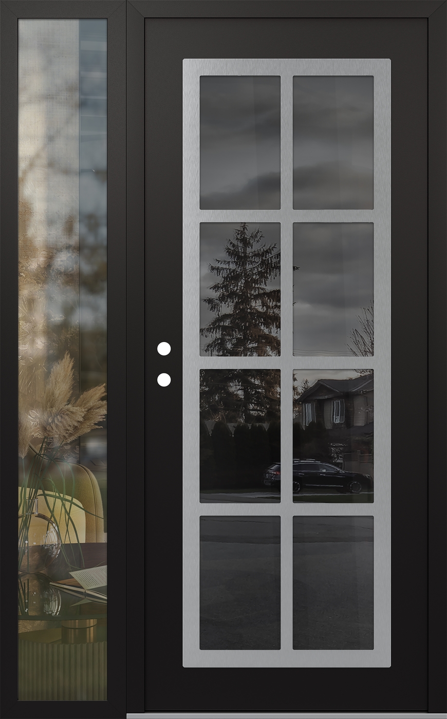 Modern Steel Front Door Diamond C16 52" x 80" black/black mirrored Glass Panel stainless steel RHI with Sidelite clear Glass