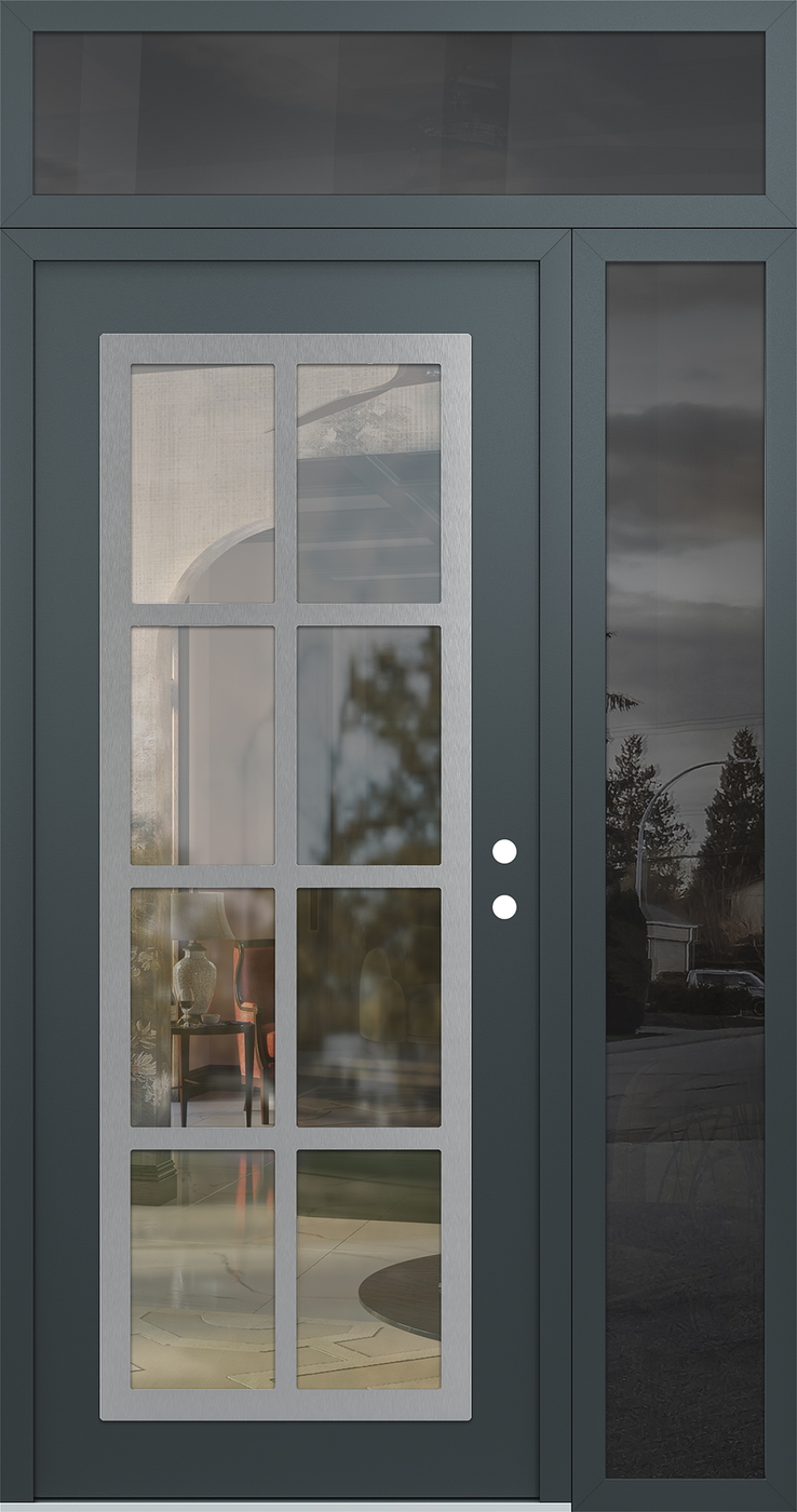 Modern Steel Front Door Diamond C16 52" x 96" anthracite/anthracite clear Glass Panel stainless steel LHI with Sidelite and Transom mirrored Glass