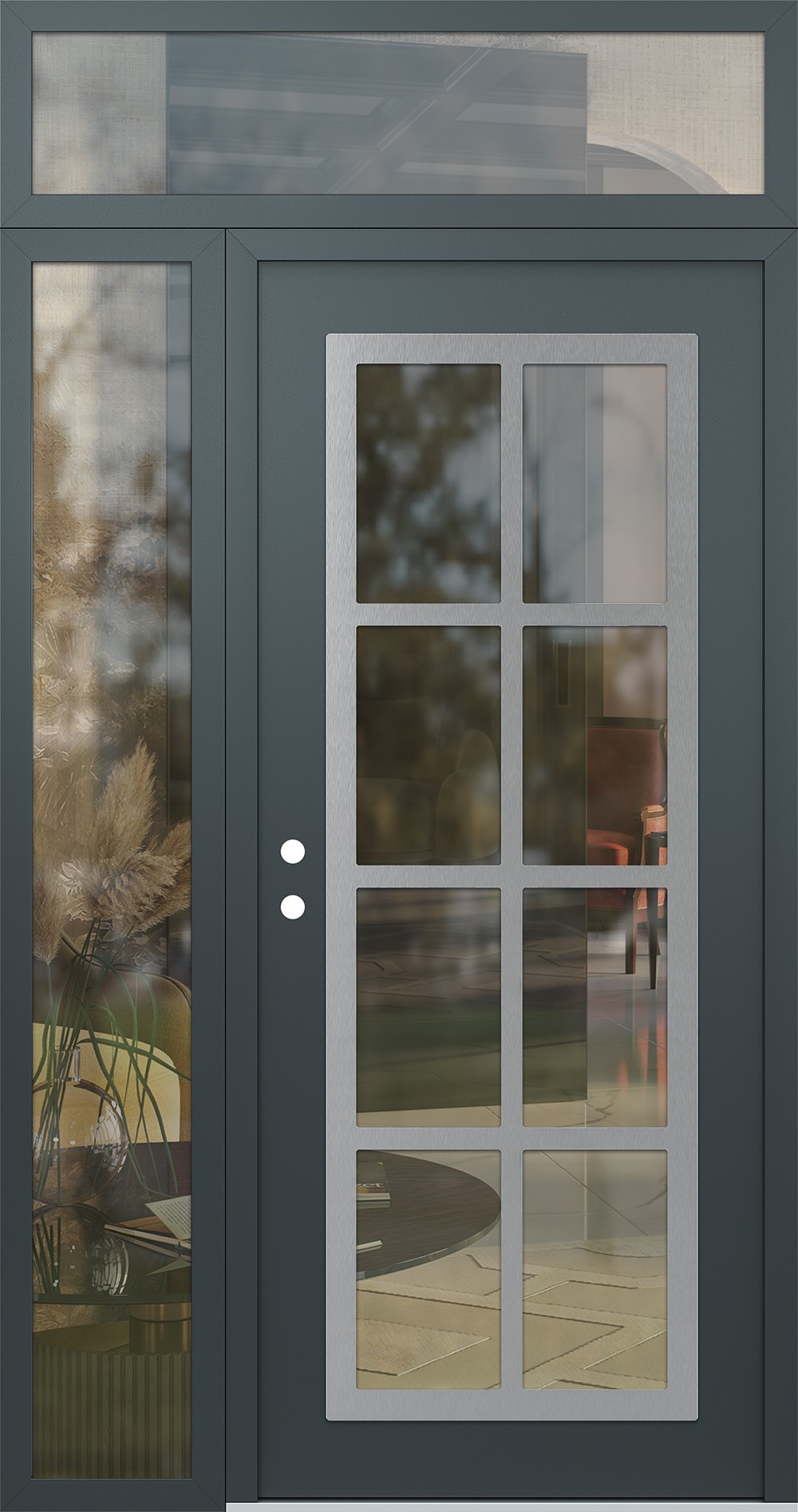 Modern Steel Front Door Diamond C16 52" x 96" anthracite/anthracite clear Glass Panel stainless steel RHI with Sidelite and Transom clear Glass