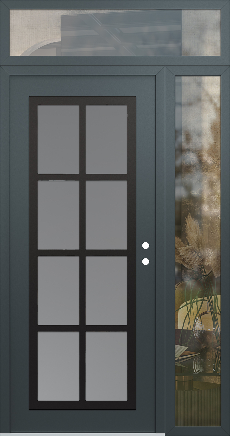 Modern Steel Front Door Diamond C16 52" x 96" anthracite/anthracite frosted Glass Panel black LHI with Sidelite and Transom clear Glass