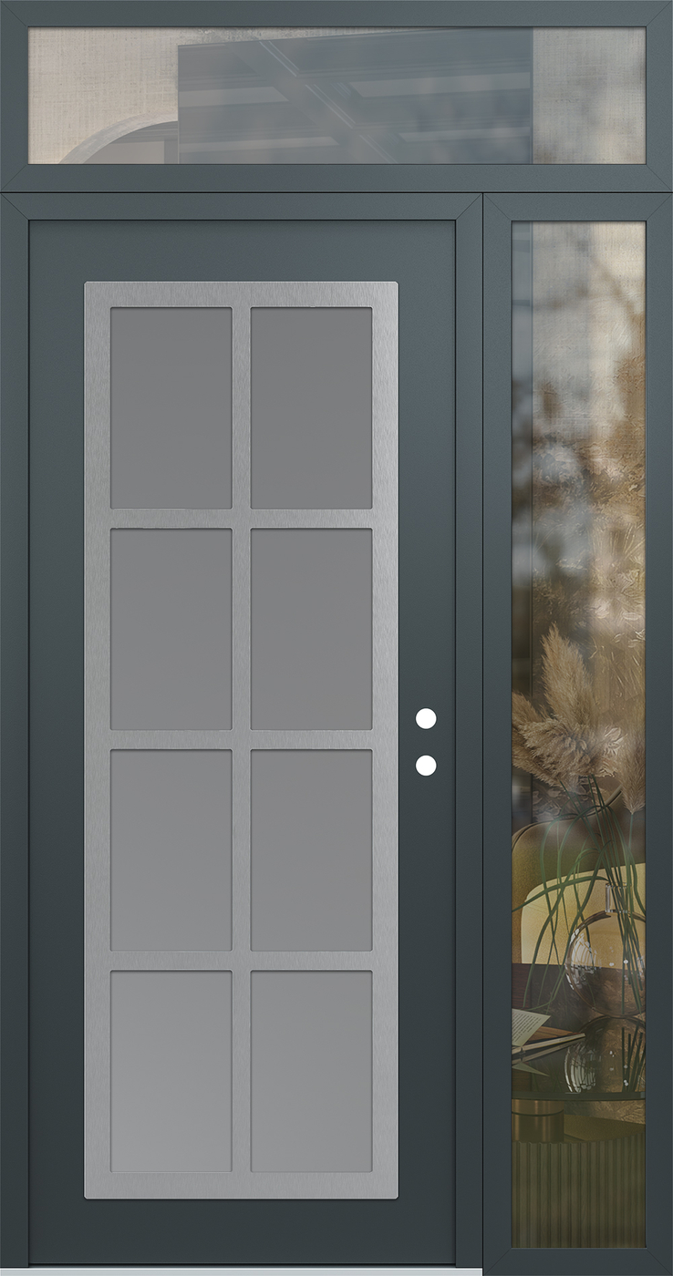 Modern Steel Front Door Diamond C16 52" x 96" anthracite/anthracite frosted Glass Panel stainless steel LHI with Sidelite and Transom clear Glass