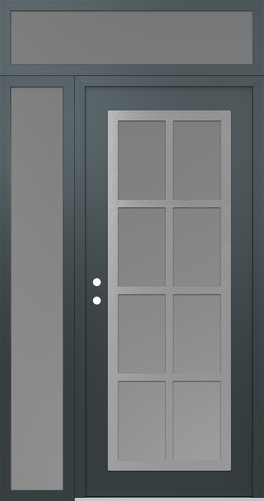 Modern Steel Front Door Diamond C16 52" x 96" anthracite/anthracite frosted Glass Panel stainless steel RHI with Sidelite and Transom frosted Glass