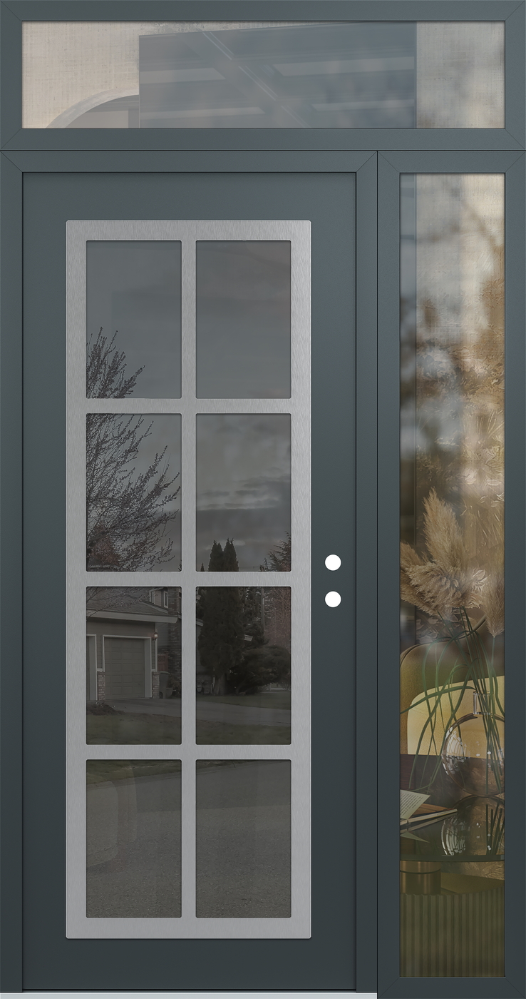 Modern Steel Front Door Diamond C16 52" x 96" anthracite/anthracite mirrored Glass Panel stainless steel LHI with Sidelite and Transom clear Glass