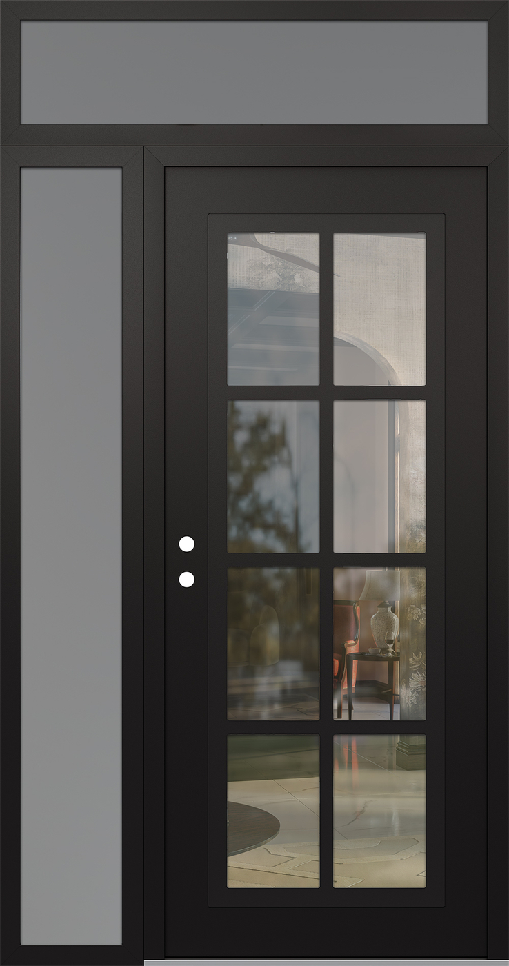 Modern Steel Front Door Diamond C16 52" x 96" black/black clear Glass Panel black RHI with Sidelite and Transom frosted Glass