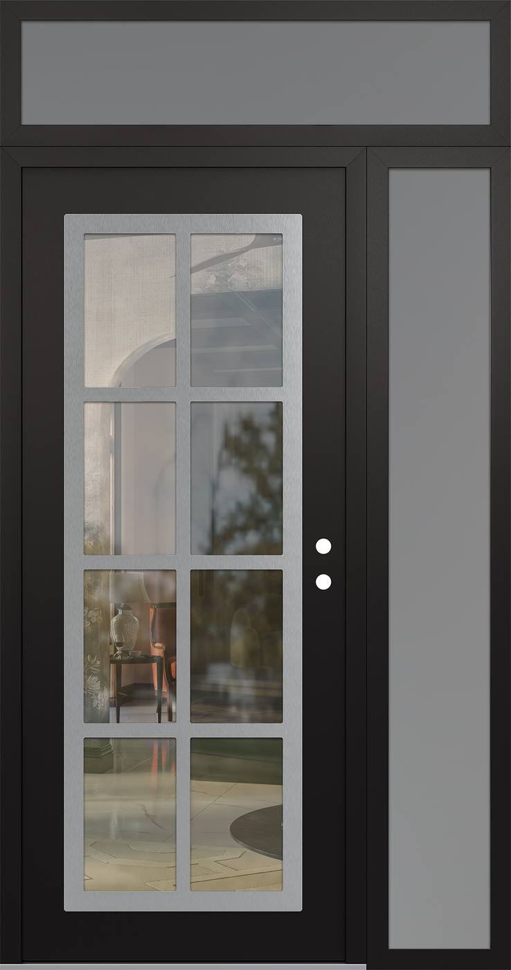 Modern Steel Front Door Diamond C16 52" x 96" black/black clear Glass Panel stainless steel LHI with Sidelite and Transom frosted Glass