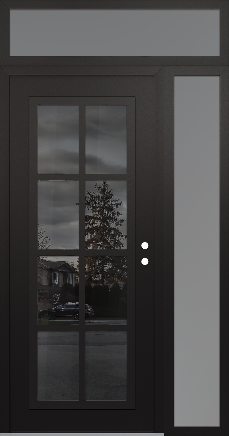 Modern Steel Front Door Diamond C16 52" x 96" black/black mirrored Glass Panel black LHI with Sidelite and Transom frosted Glass
