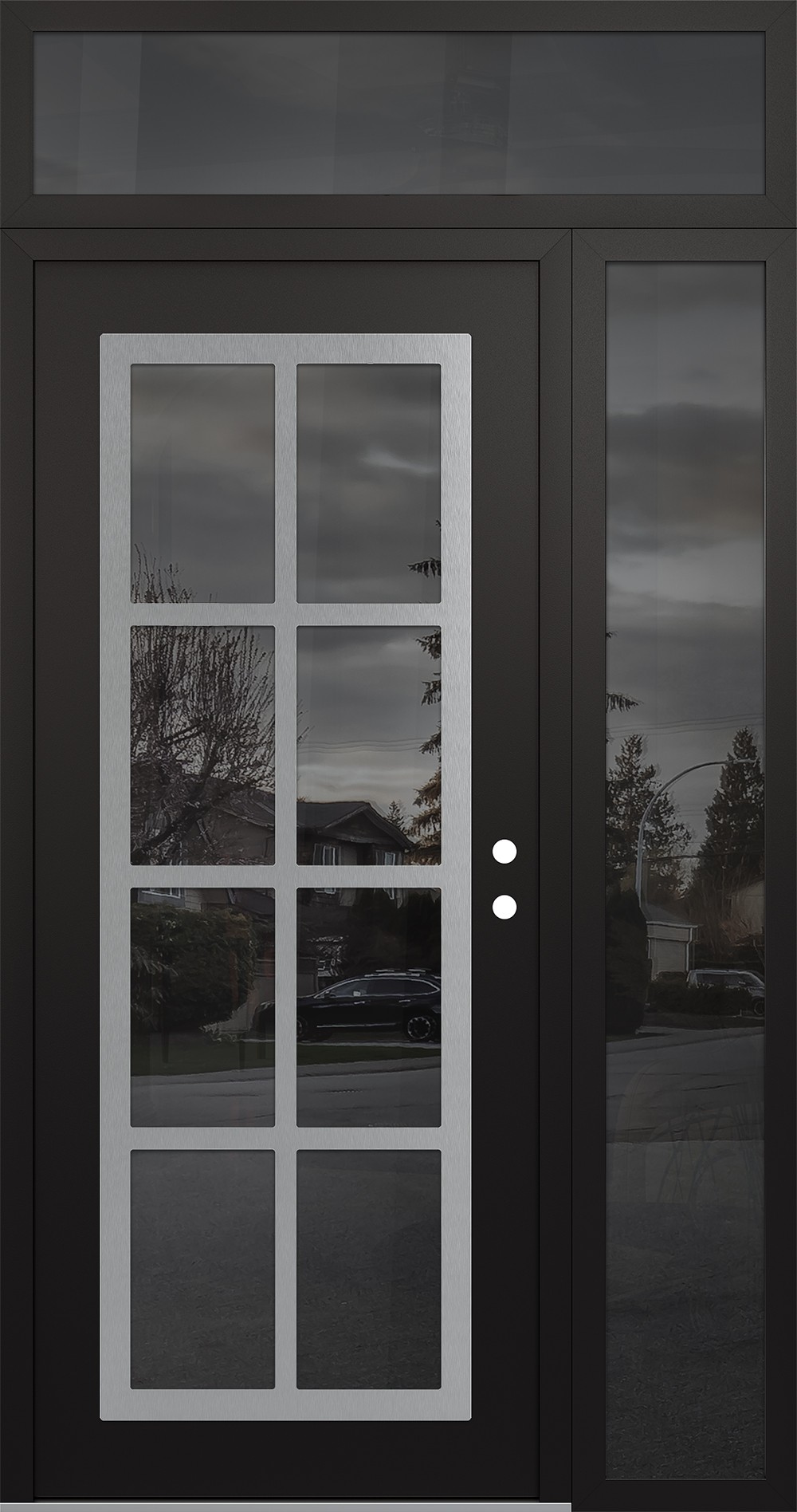 Modern Steel Front Door Diamond C16 52" x 96" black/black mirrored Glass Panel stainless steel LHI with Sidelite and Transom mirrored Glass