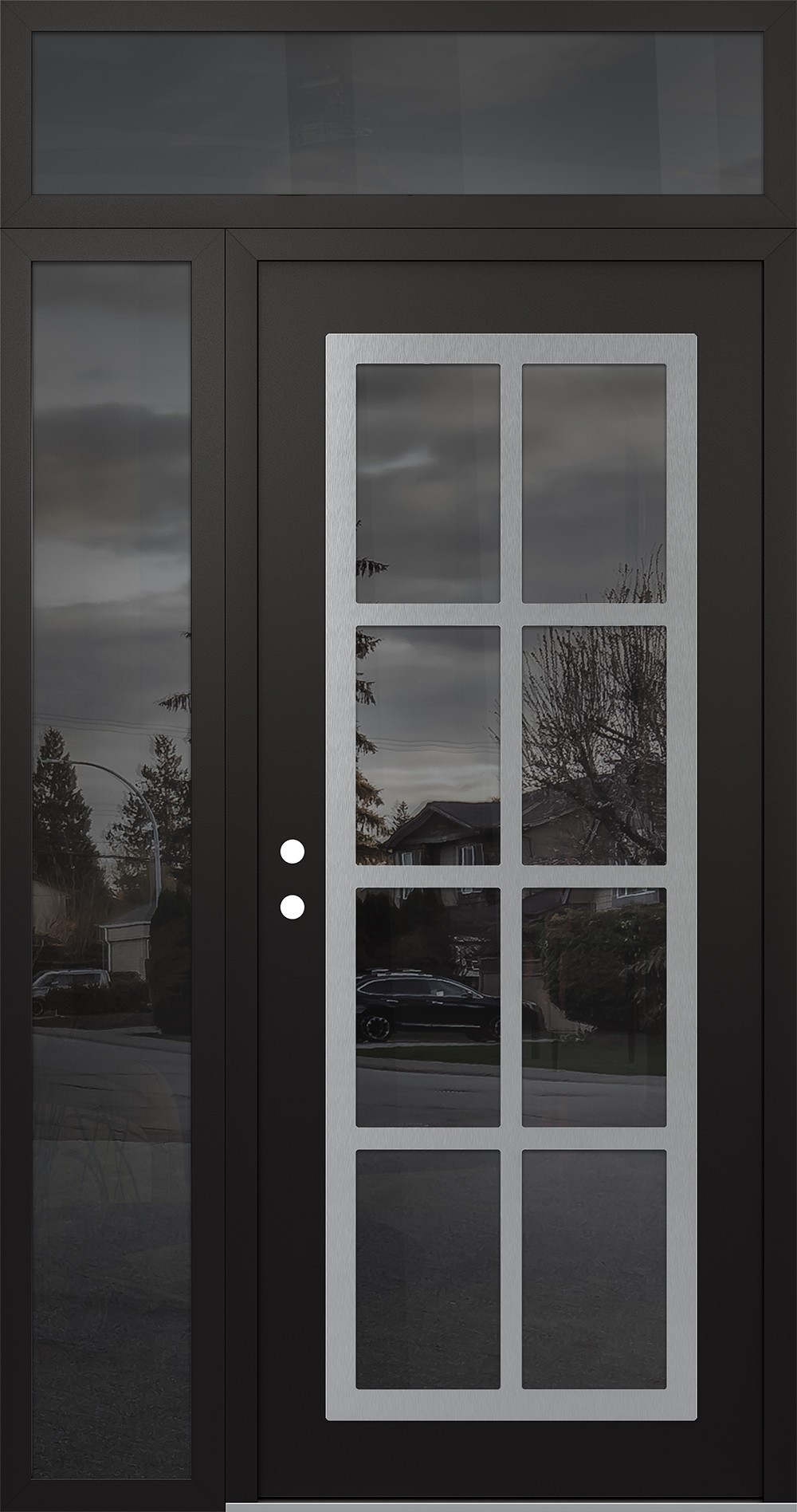 Modern Steel Front Door Diamond C16 52" x 96" black/black mirrored Glass Panel stainless steel RHI with Sidelite and Transom mirrored Glass