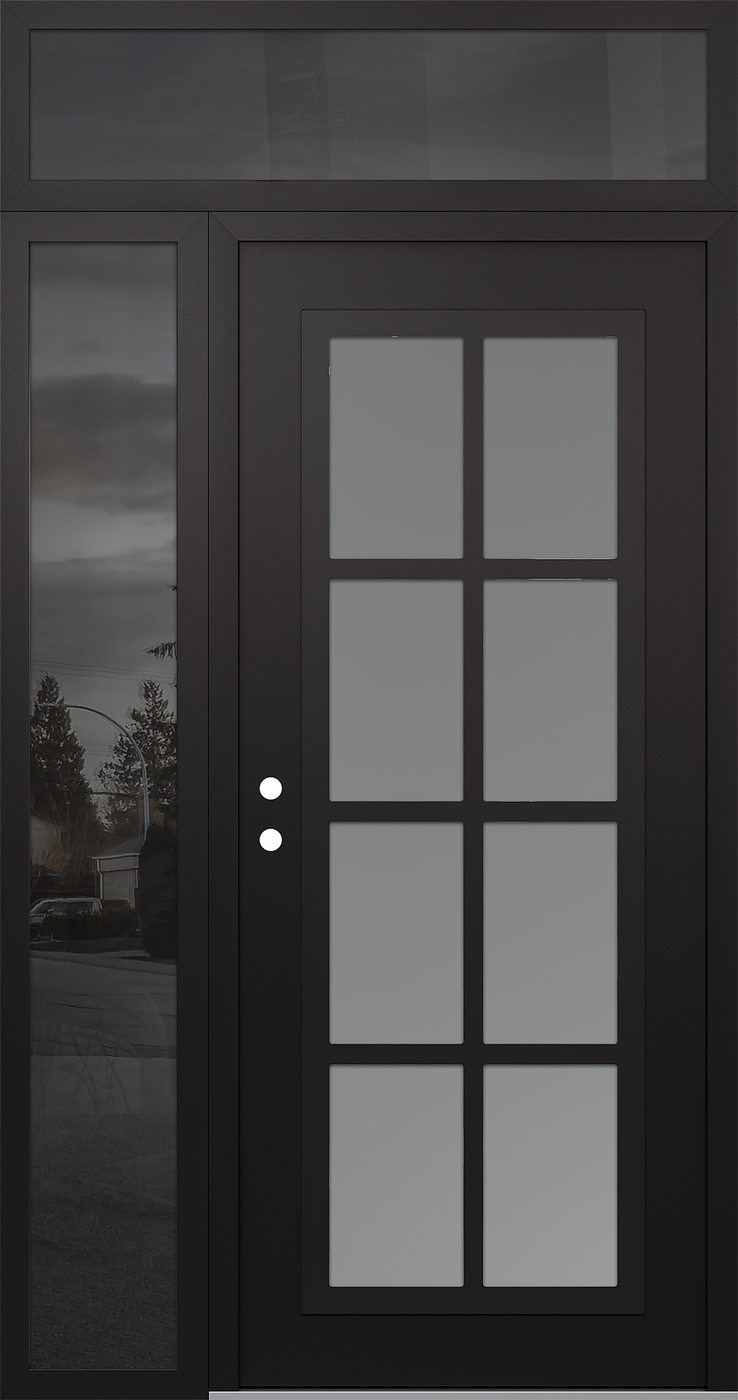 Modern Steel Front Door Diamond C16 52" x 96" black/white frosted Glass Panel black RHI with Sidelite and Transom mirrored Glass