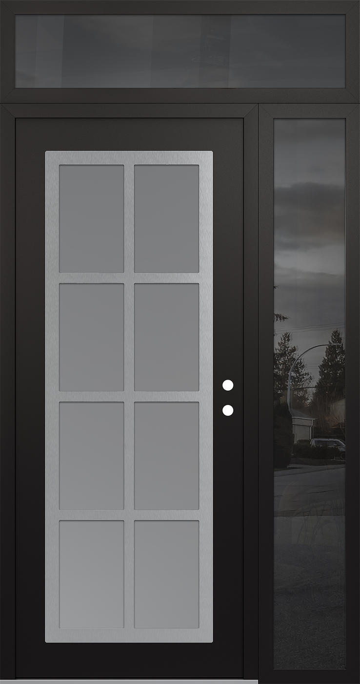 Modern Steel Front Door Diamond C16 52" x 96" black/white frosted Glass Panel stainless steel LHI with Sidelite and Transom mirrored Glass